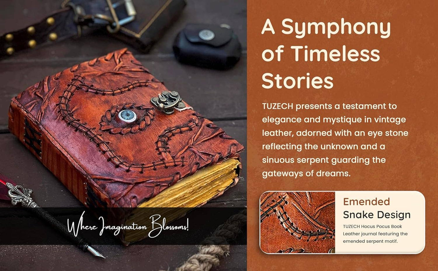 TUZECH Cutomizable Hocus Pocus Book of Spells Leather Journal Deckle Edge Paper Grimoire Journal Third Eye Vintage Book of Shadows Seven Chakra Antique Spell Book Lock Clasp Notebook Witch