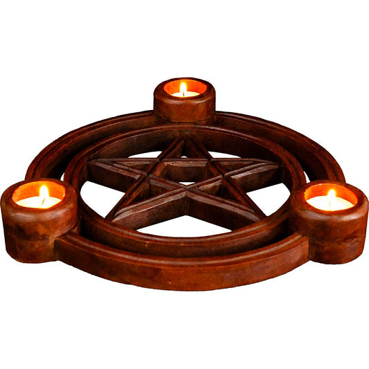 Wood Triple Candle Holder - Pentacle
