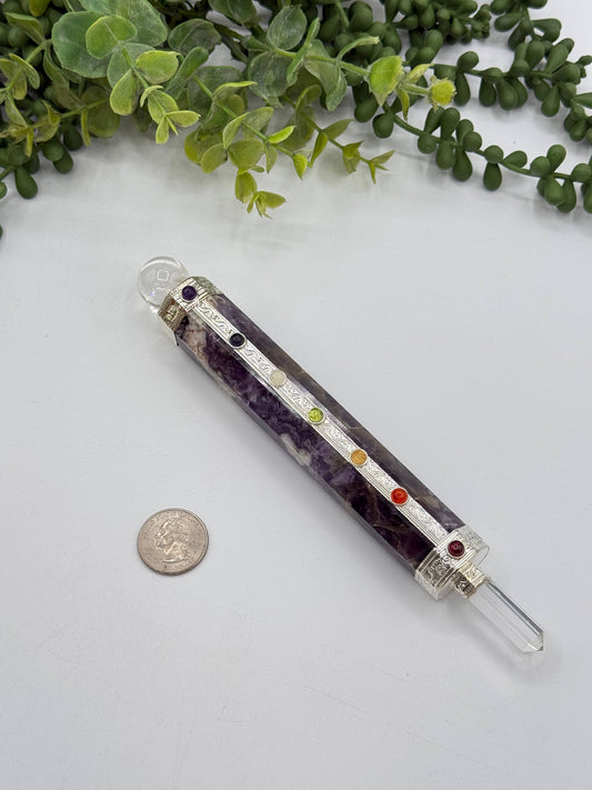 Chevron Amethyst Chakra Healing Wand with Clear Quartz Point
