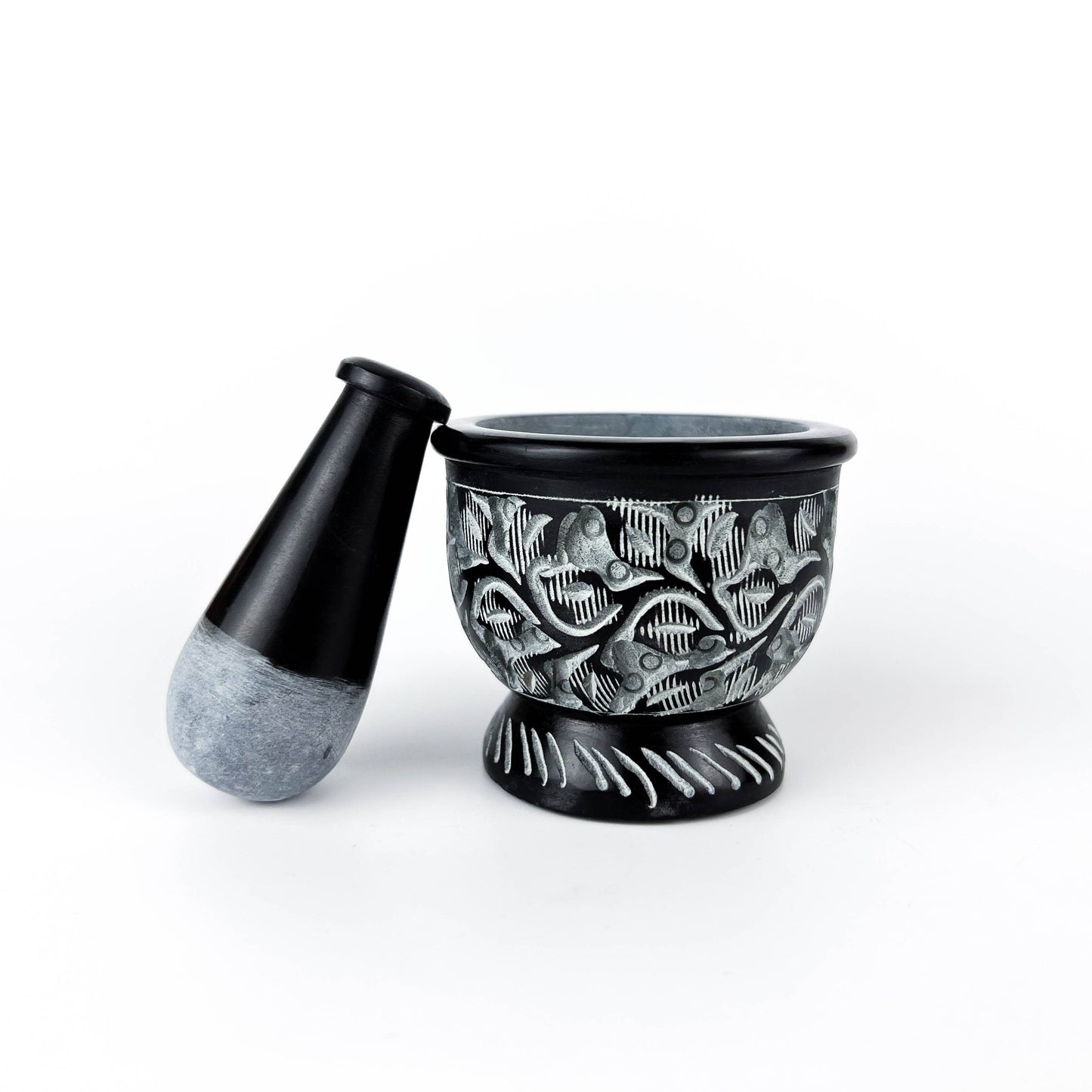 Black Carved Soapstone Mortar & Pestle 2.5"H, 3"D