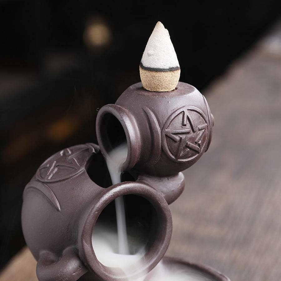 Triple Moon Pentagram Cauldron Backflow Cone Buner 5"H X 4"W