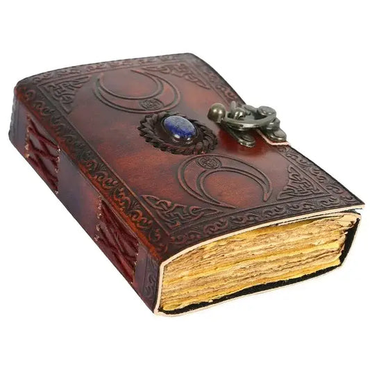 TUZECH Handmade Personalized Crescent Office Home Daily Use, Hocus Pocus Poem Writing Beautiful Pure Leather Stone Leather Bound Journal Moon with Brown Stone, C-Lock for Men and Women