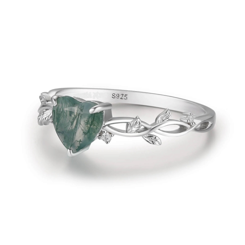 Heart Moss Agate Leaf Stacking Ring in 925 Sterling Silver