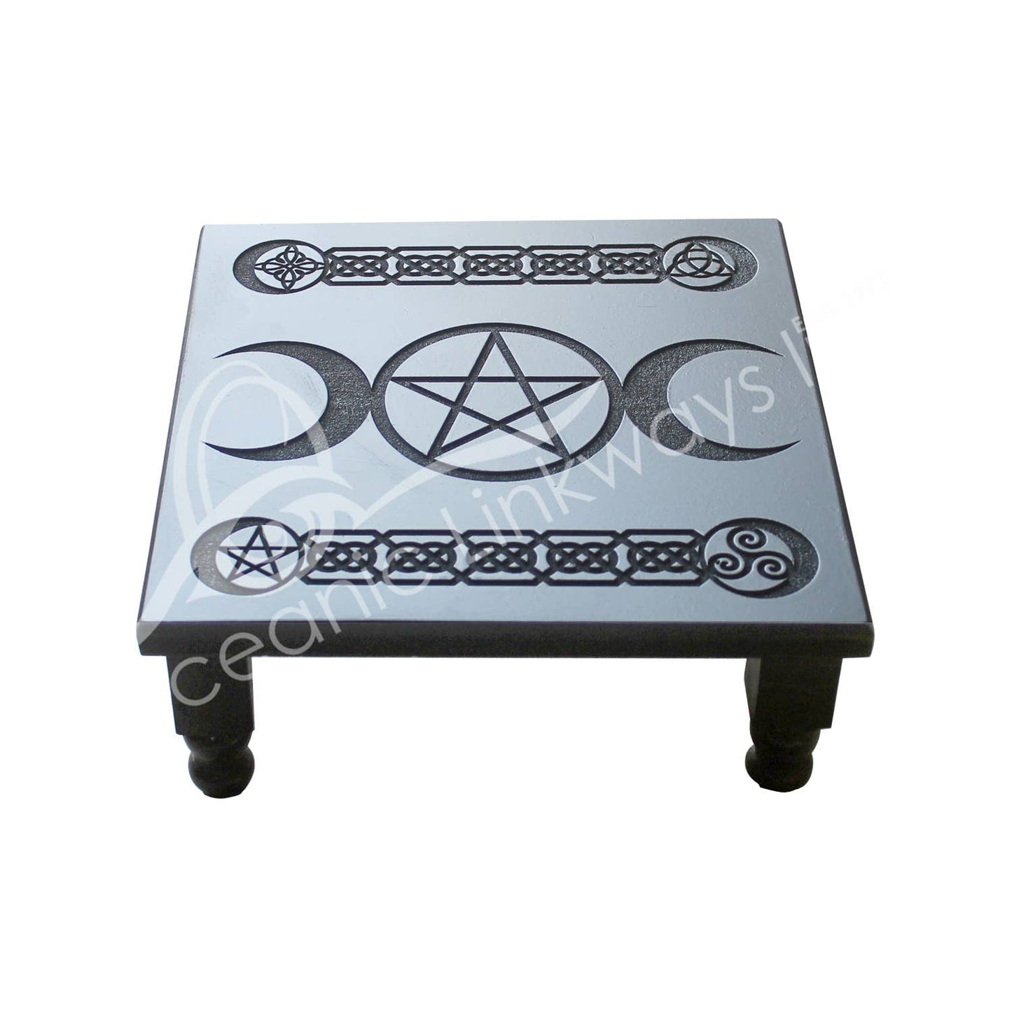 (PC)ALTAR TABLE - WOOD, BLACK ENGRAVED PENTACLE & TRIPLE