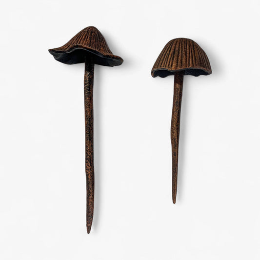 Mushroom Garden Stakes, Cast Iron Set of 2, Aged Copper Finish, 13"