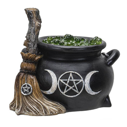 Triple Moon Cauldron w/Broom LED