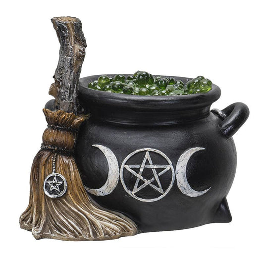 Triple Moon Cauldron w/Broom LED