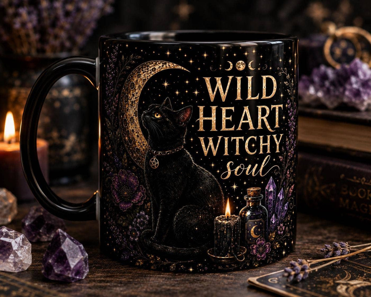 Black Cat Mug, Wild Heart Witchy Soul Cup, Witch Gift