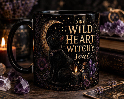 Black Cat Mug, Wild Heart Witchy Soul Cup, Witch Gift