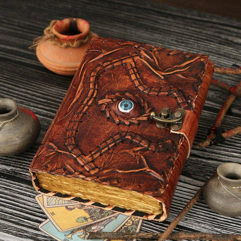 TUZECH Cutomizable Hocus Pocus Book of Spells Leather Journal Deckle Edge Paper Grimoire Journal Third Eye Vintage Book of Shadows Seven Chakra Antique Spell Book Lock Clasp Notebook Witch