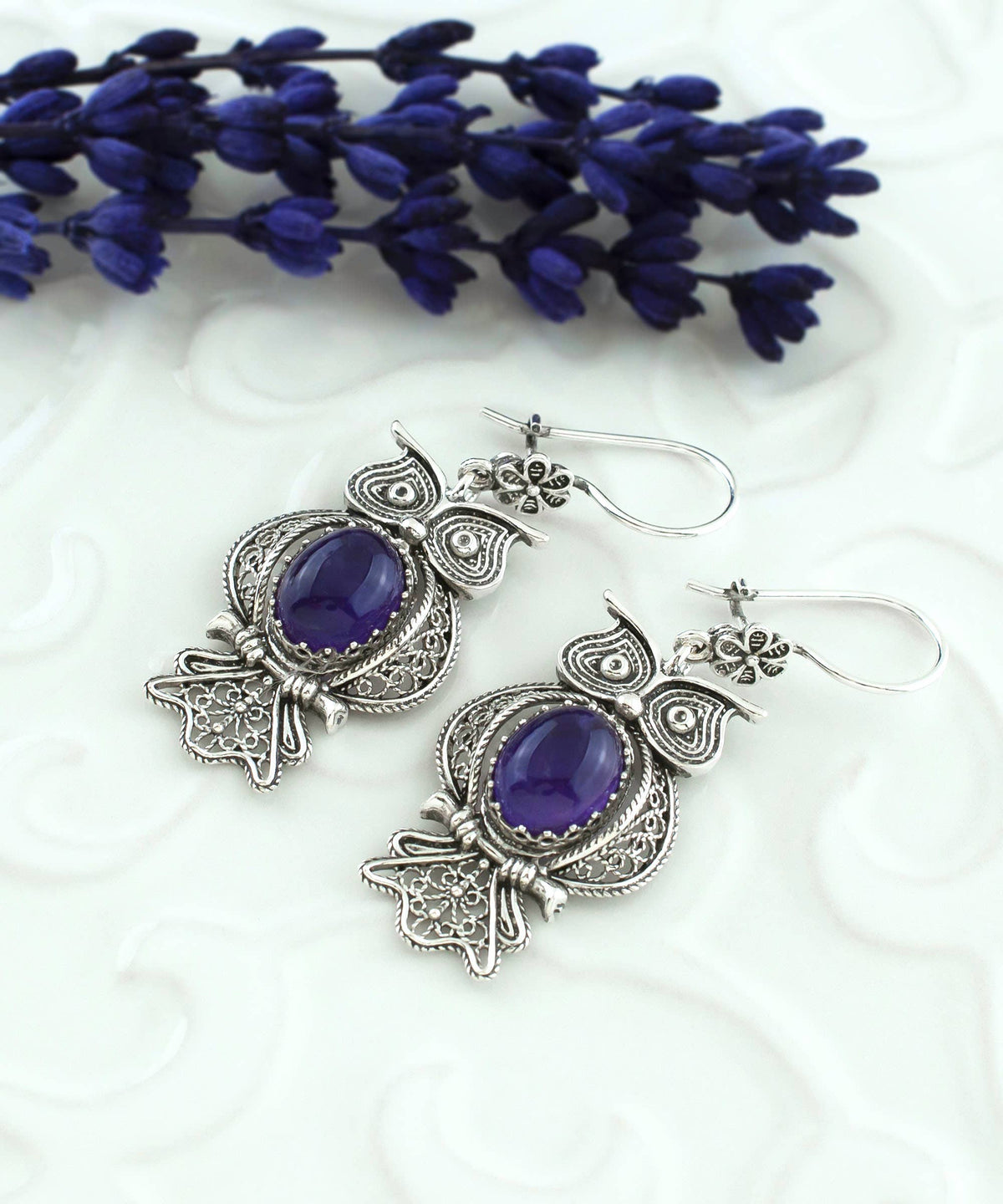 Filigree Art Owl Design Amethyst Gemstone Women Dangle Drop Silver Earrings