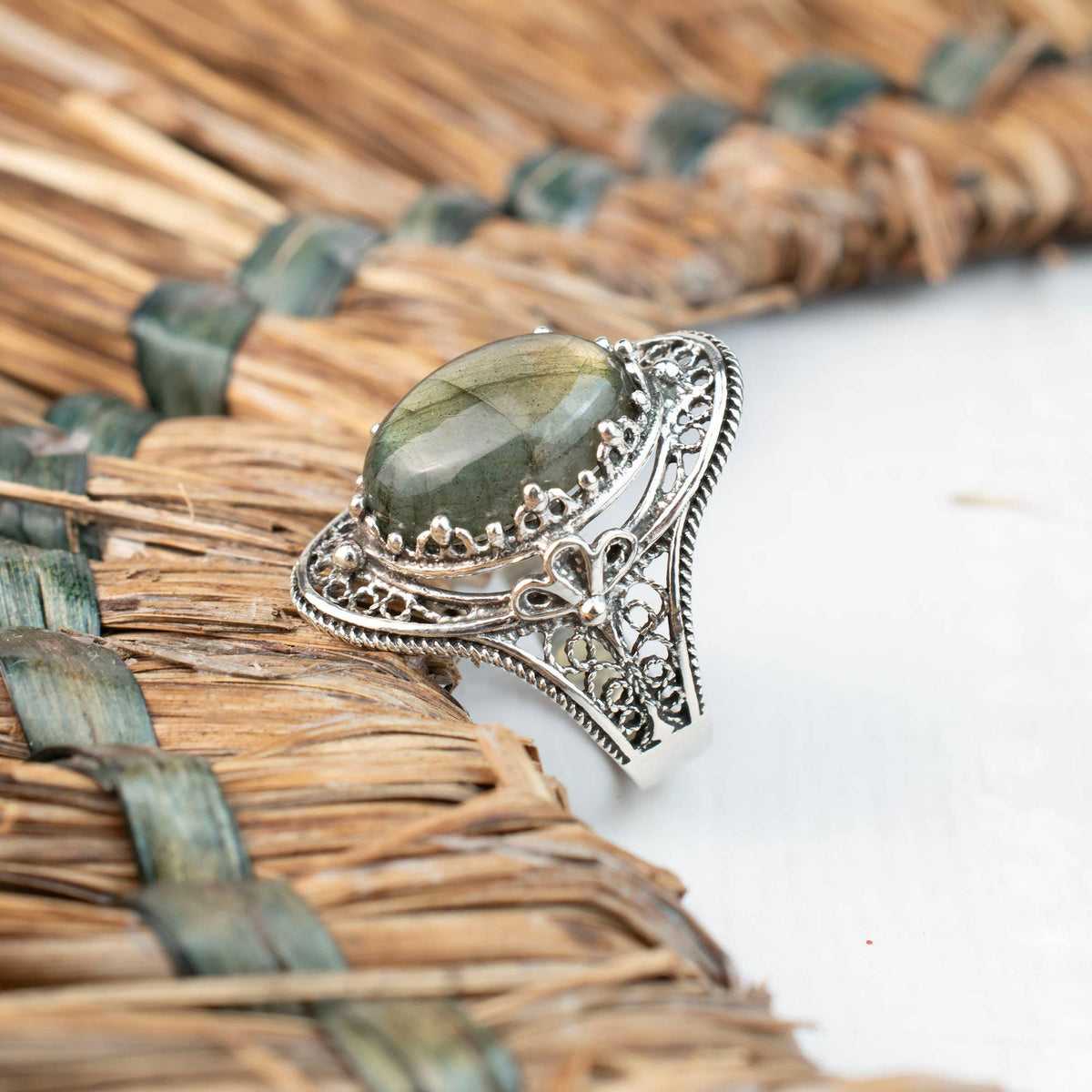 Labradorite Gemstone Filigree Sterling Silver Cocktail Ring