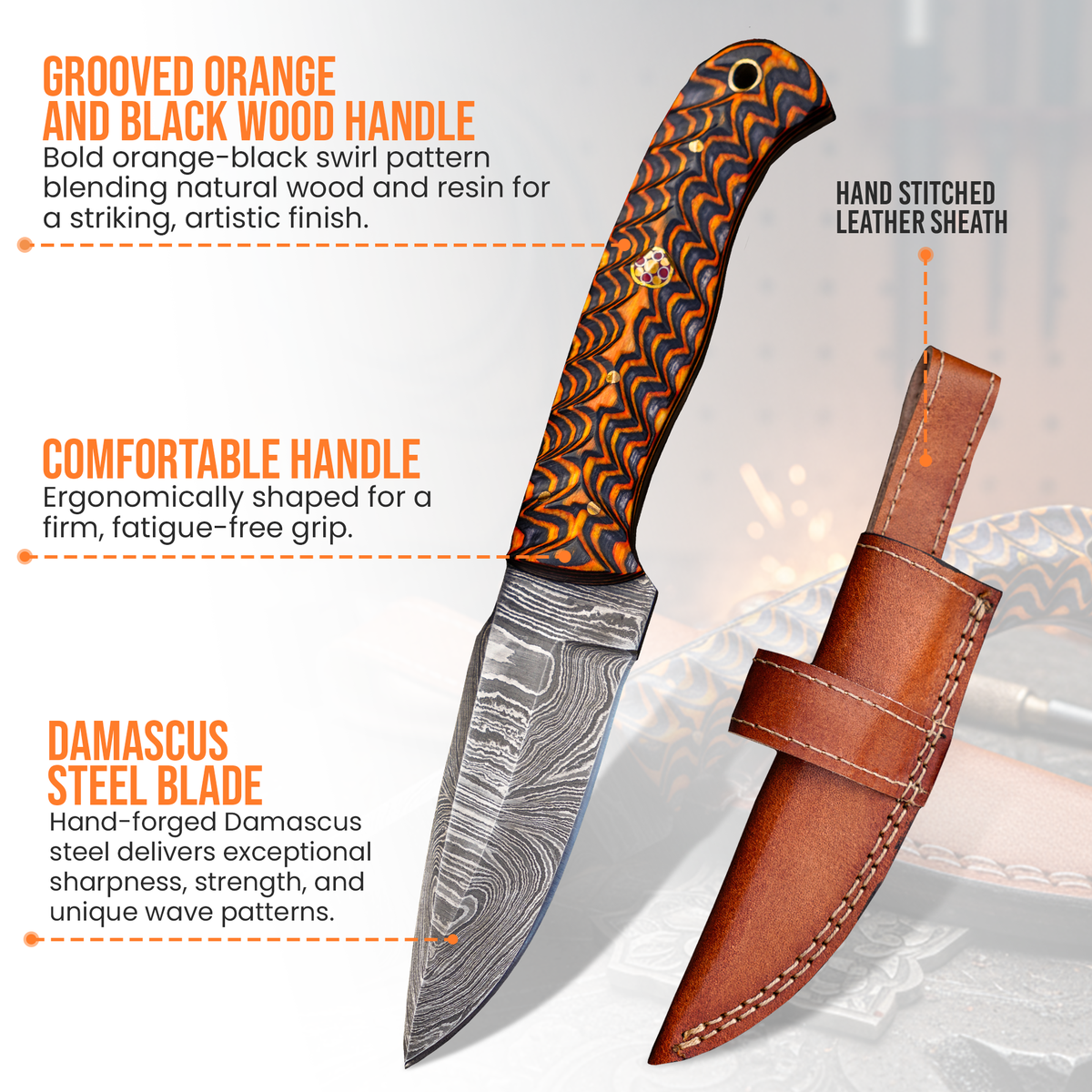 8' Damascus knife with leather sheath  Grooved handle