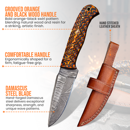 8' Damascus knife with leather sheath  Grooved handle