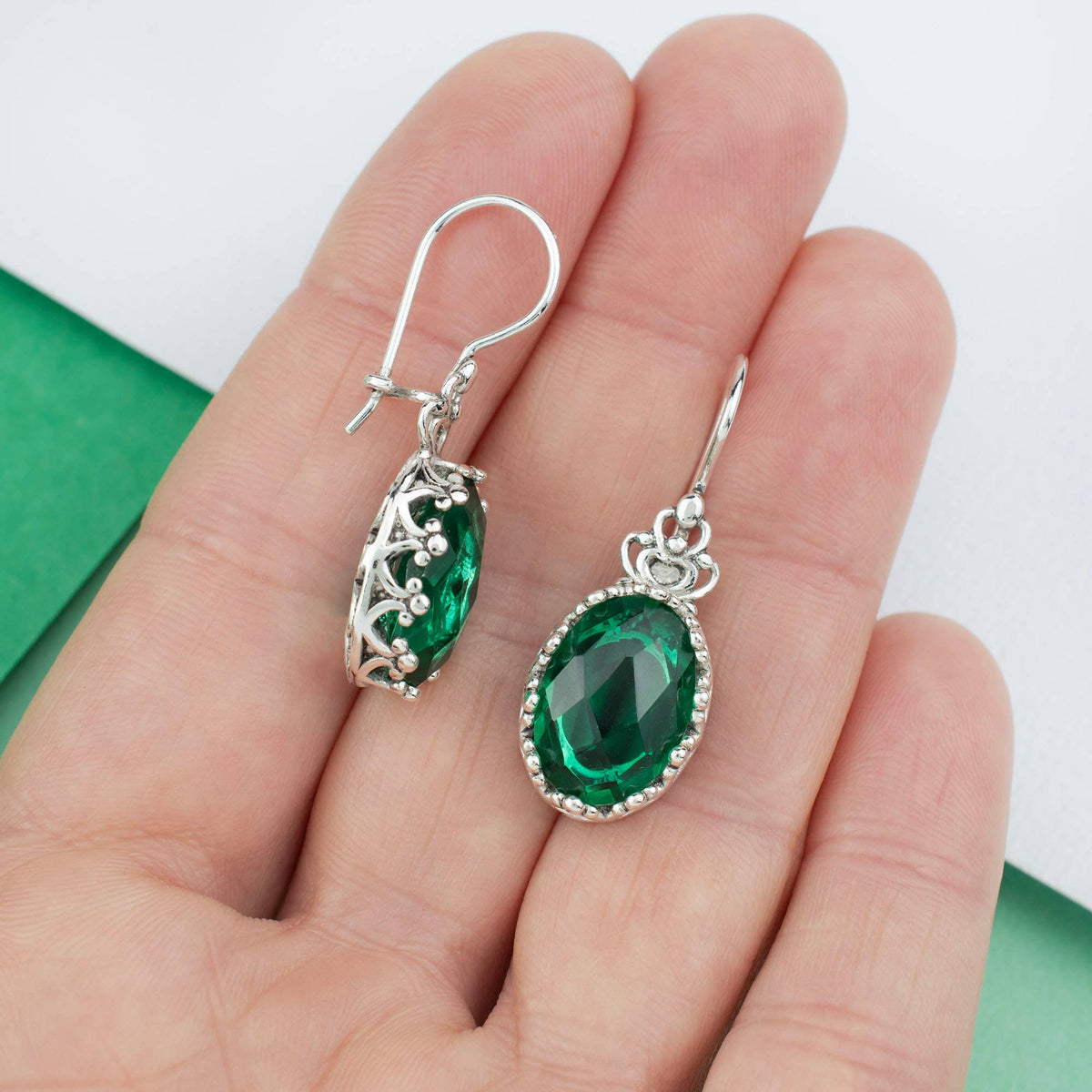 Filigree Art Emerald Gemstone Women Silver Drop Earrings