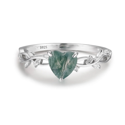 Heart Moss Agate Leaf Stacking Ring in 925 Sterling Silver
