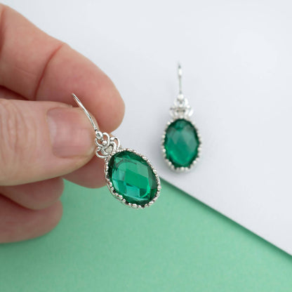 Filigree Art Emerald Gemstone Women Silver Drop Earrings