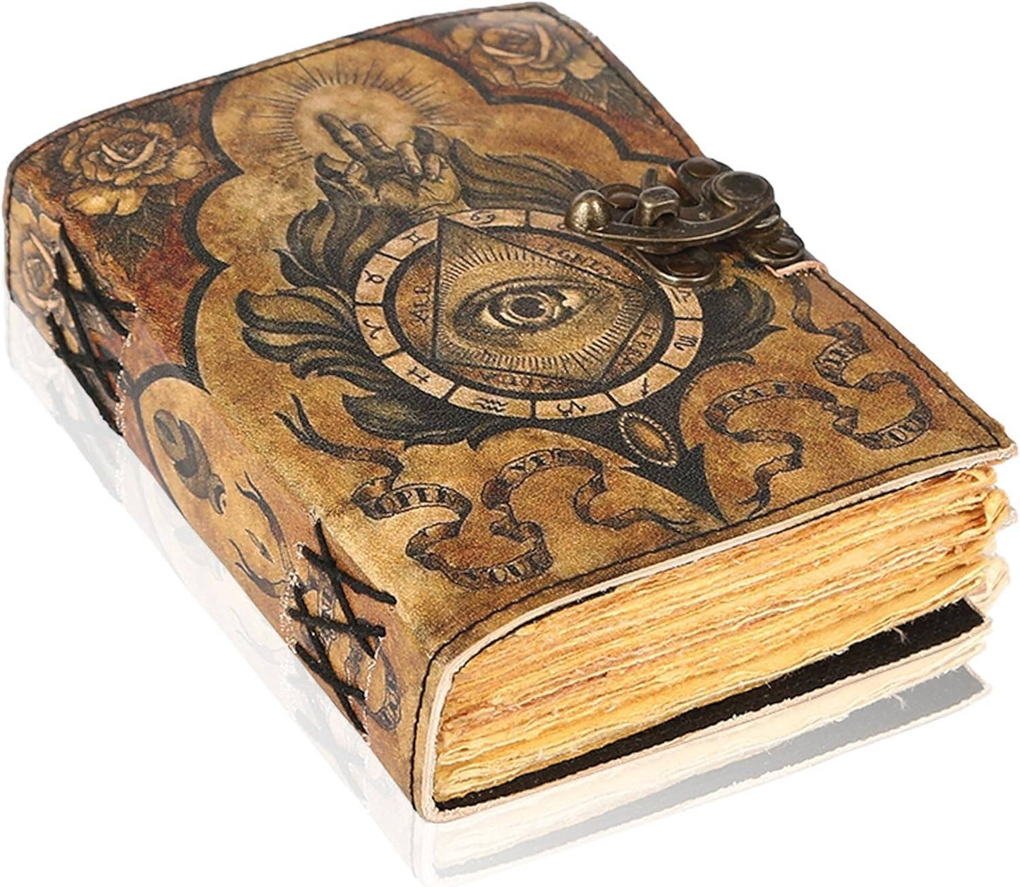 TUZECH Book of Spells Leather Bound Journal Deckle Edge Paper Grimoire Printed Diary Third Eye Notebook Spiral Gothic Notebook Antique Vintage Book for Men and Women