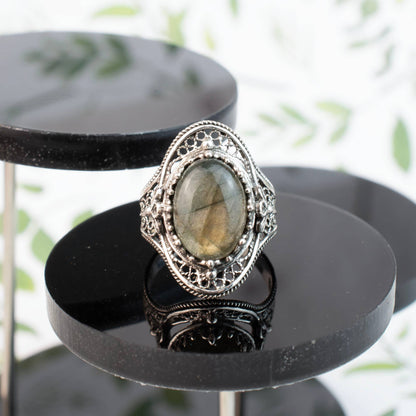 Labradorite Gemstone Filigree Sterling Silver Cocktail Ring