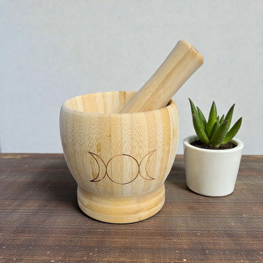Wooden Triple Moon or Pentagram Mortar & Pestle