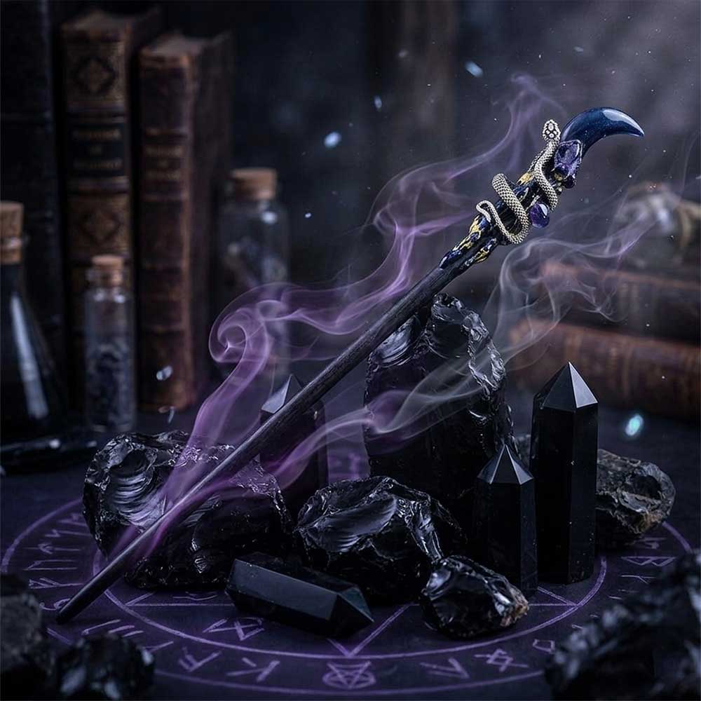 Magic Wand w/ Gift Box - Black Obsidian Moon & Snake (Each)
