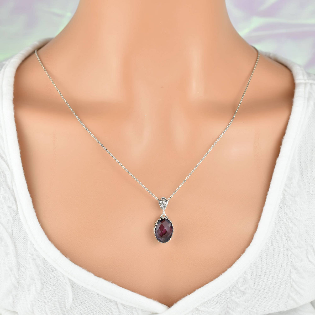 925 Silver Filigree Heart Detailed Amethyst Gemstone Woman Pendant Necklace