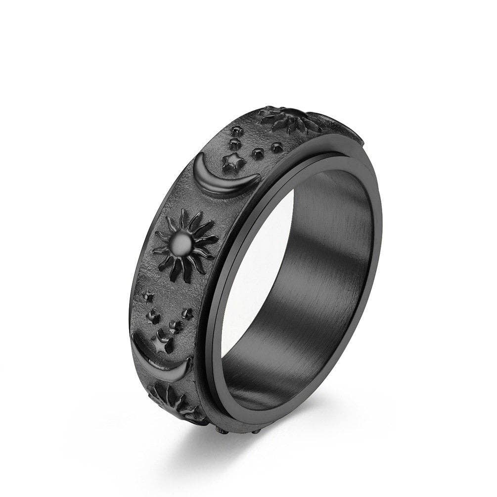 Sun Moon Star Fidget Spinner Band Ring in Stainless Steel