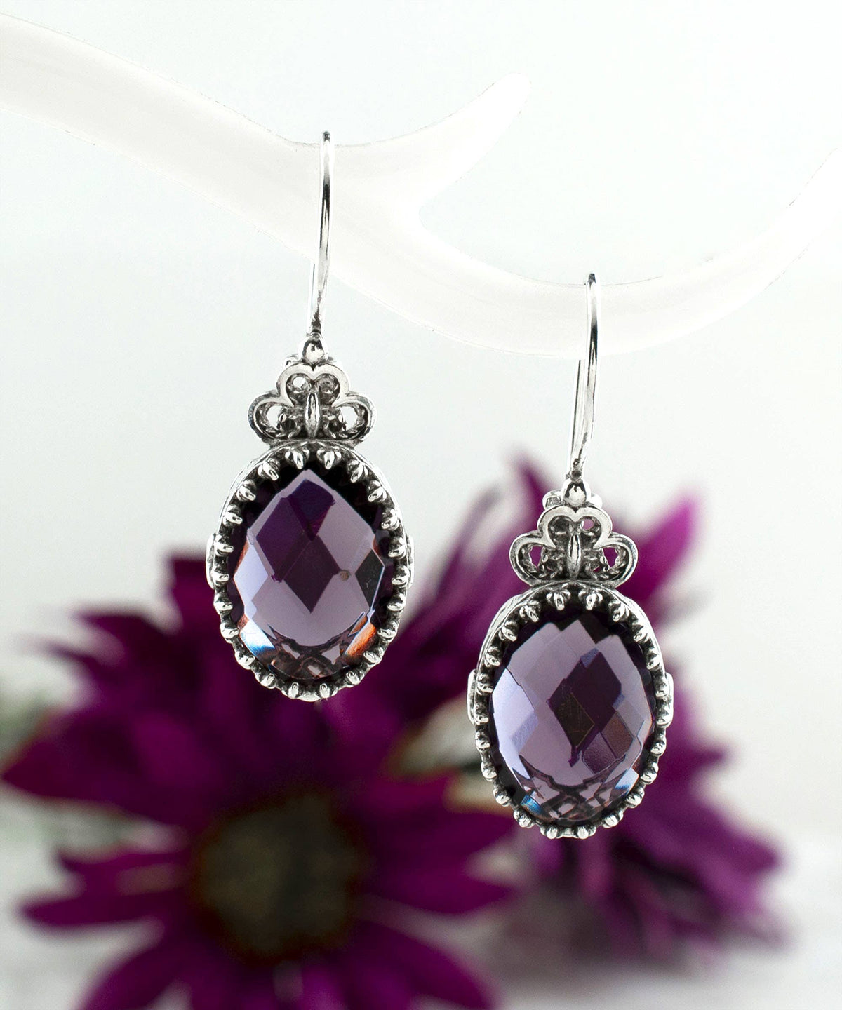 Filigree Art Heart Design Amethyst Gemstone Women Silver Drop Earrings
