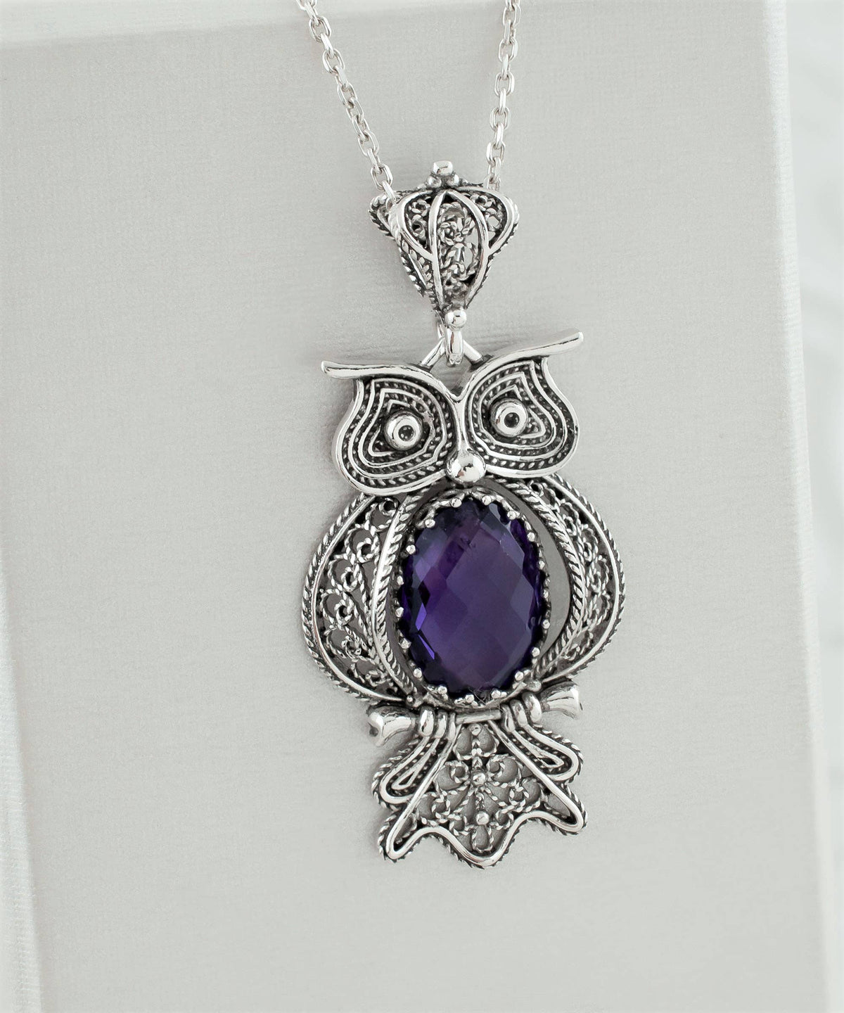 Sterling Silver Filigree Owl Amethyst Pendant Necklace