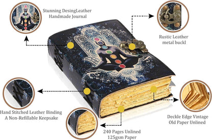TUZECH Book of Spells Leather Bound Journal Deckle Edge Paper Grimoire Printed Diary Third Eye Notebook Spiral Gothic Notebook Antique Vintage Book for Men and Women