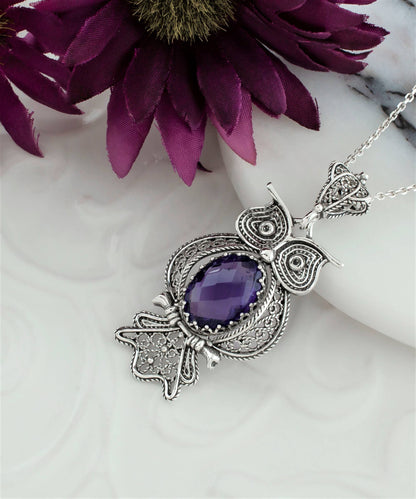 Sterling Silver Filigree Owl Amethyst Pendant Necklace