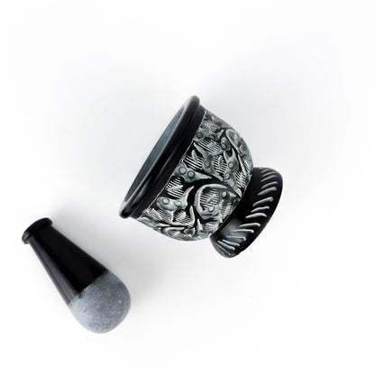 Black Carved Soapstone Mortar & Pestle 2.5"H, 3"D