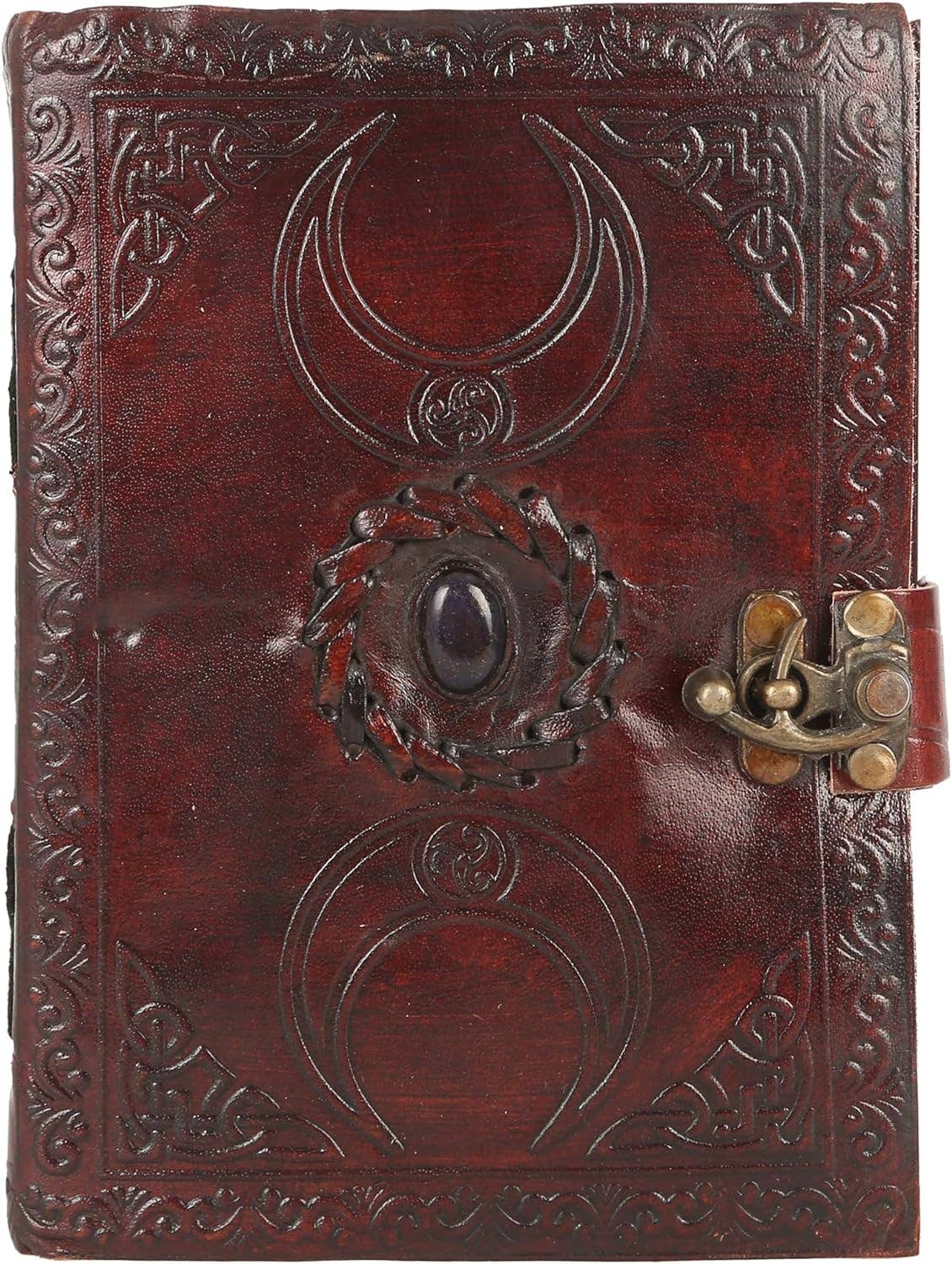 TUZECH Handmade Personalized Crescent Office Home Daily Use, Hocus Pocus Poem Writing Beautiful Pure Leather Stone Leather Bound Journal Moon with Brown Stone, C-Lock for Men and Women