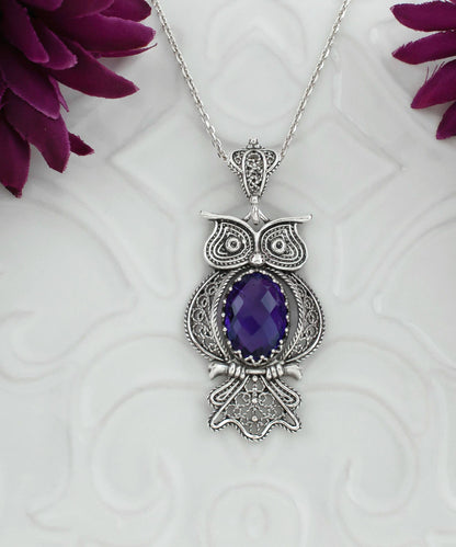 Sterling Silver Filigree Owl Amethyst Pendant Necklace
