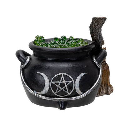 Triple Moon Cauldron w/Broom LED