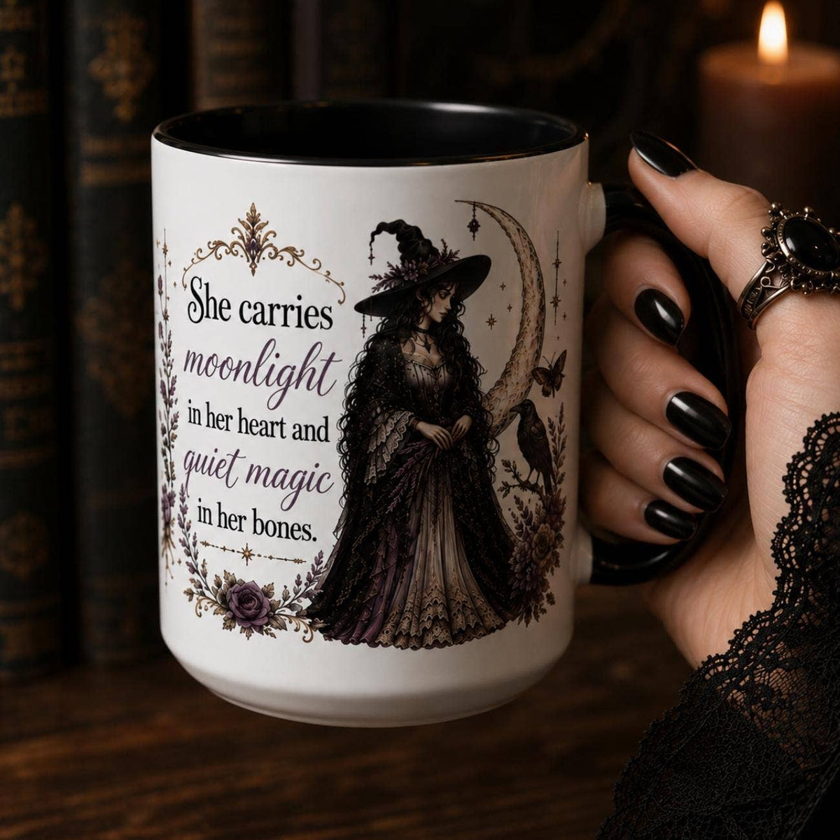 Witch Mug, Victorian Gothic Coffee Cup, Raven Crescent Moon