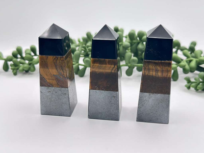 TRIPLE PROTECTION-Obsidian/Tiger Eye/Hematite Gemstone Tower