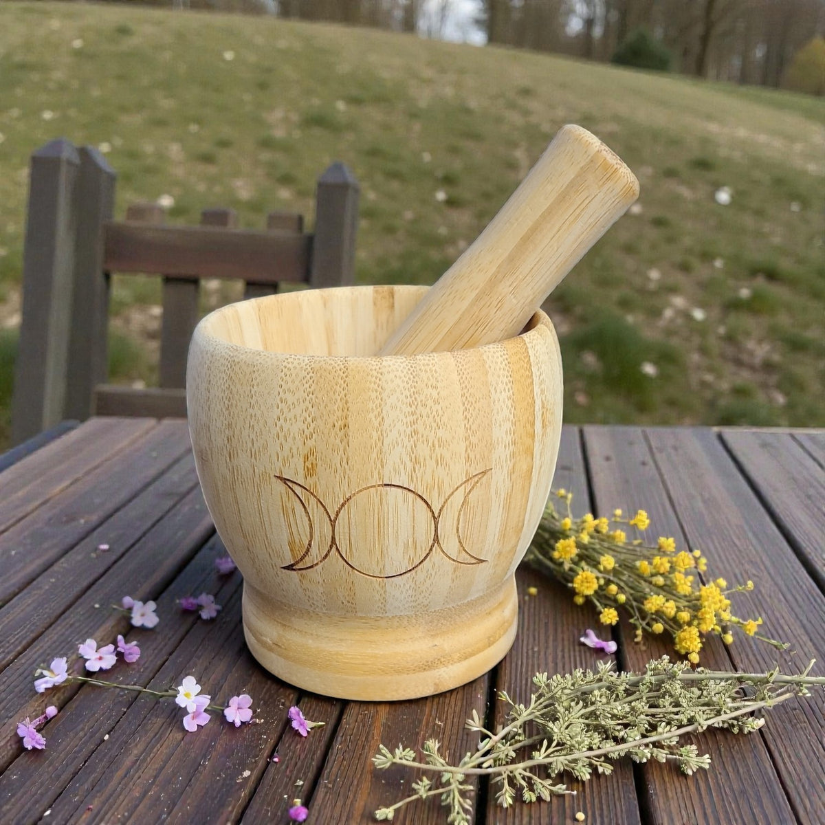 Wooden Triple Moon or Pentagram Mortar & Pestle
