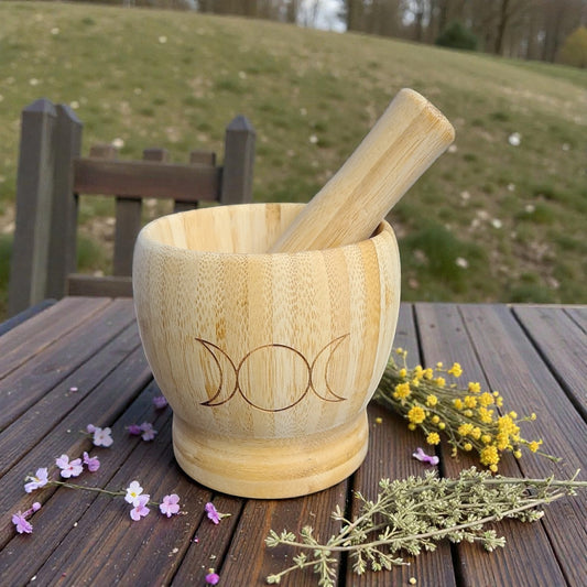 Wooden Triple Moon or Pentagram Mortar & Pestle