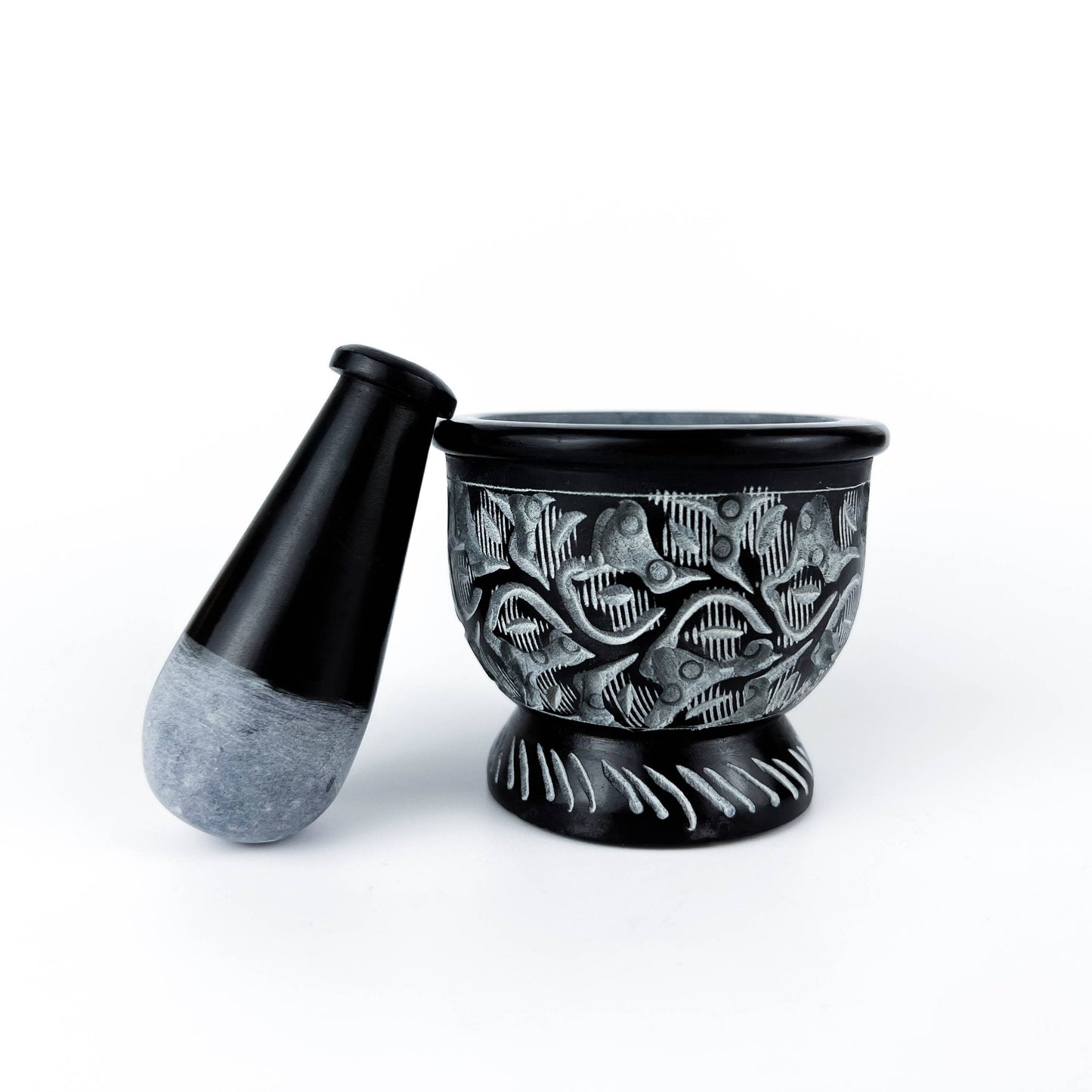 Black Carved Soapstone Mortar & Pestle 2.5"H, 3"D