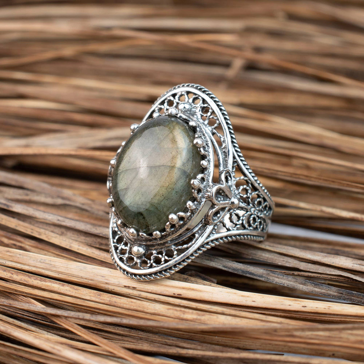Labradorite Gemstone Filigree Sterling Silver Cocktail Ring