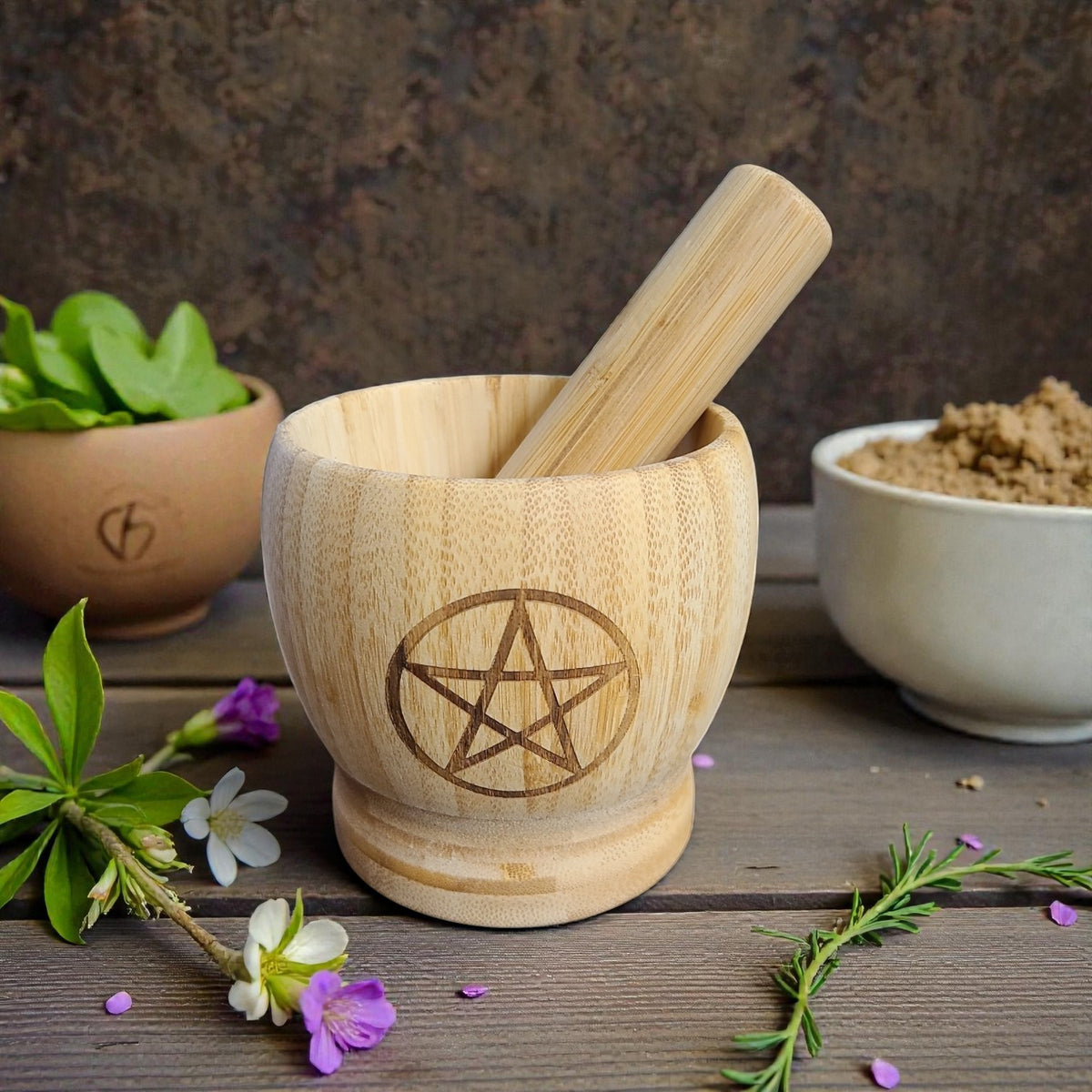 Wooden Triple Moon or Pentagram Mortar & Pestle