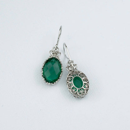 Filigree Art Emerald Gemstone Women Silver Drop Earrings