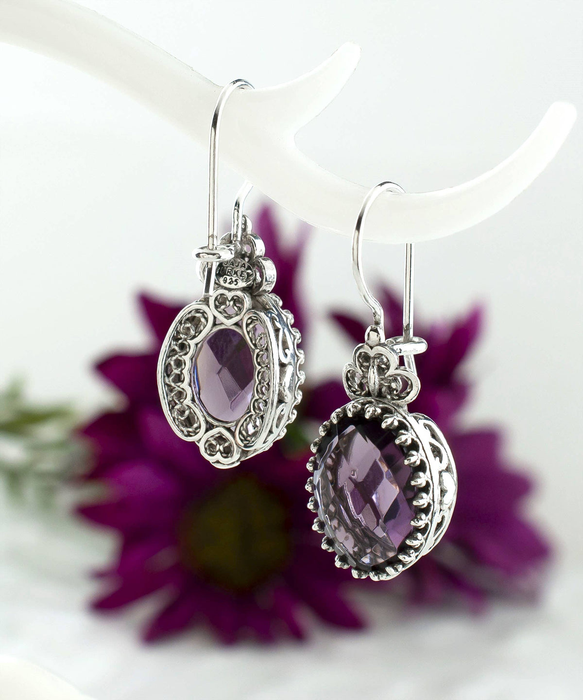 Filigree Art Heart Design Amethyst Gemstone Women Silver Drop Earrings