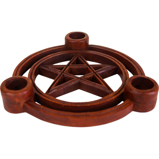 Wood Triple Candle Holder - Pentacle