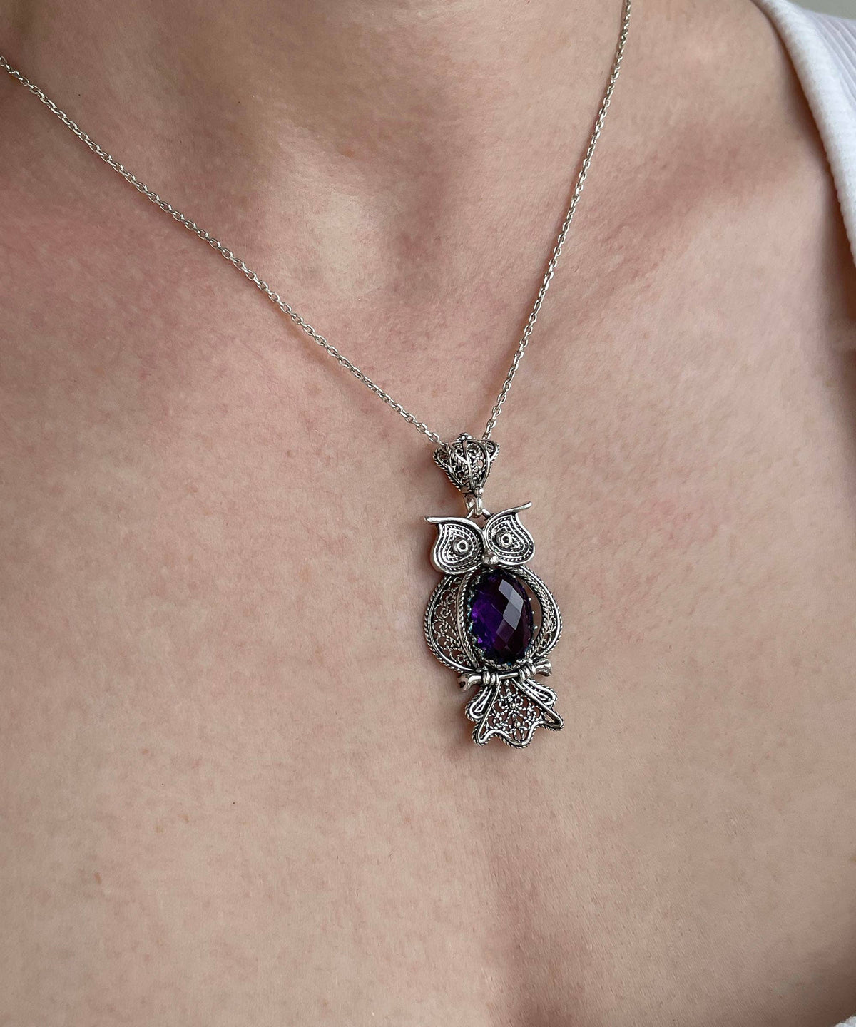 Sterling Silver Filigree Owl Amethyst Pendant Necklace