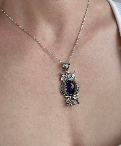 Sterling Silver Filigree Owl Amethyst Pendant Necklace