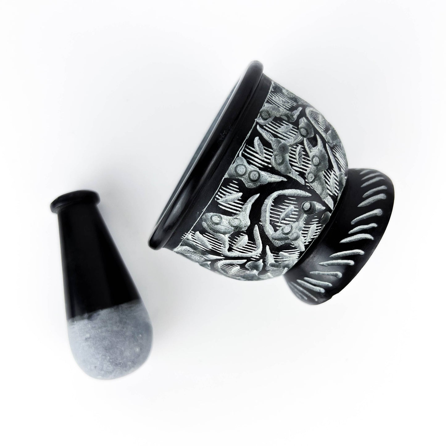 Black Carved Soapstone Mortar & Pestle 2.5"H, 3"D
