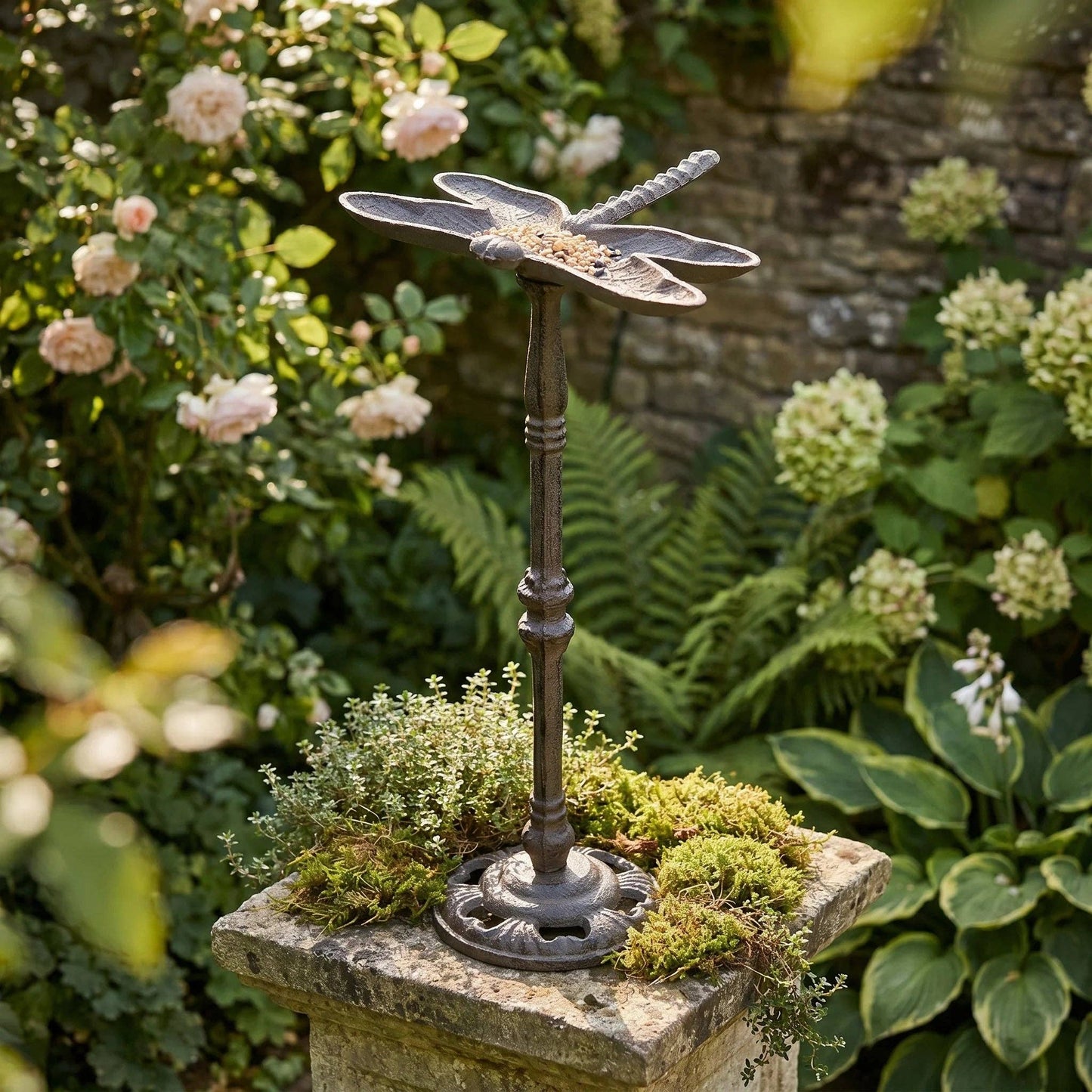 Dragonfly Bird Feeder, Cast Iron Pedestal for Patio or Garden