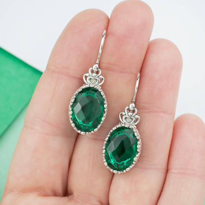 Filigree Art Emerald Gemstone Women Silver Drop Earrings